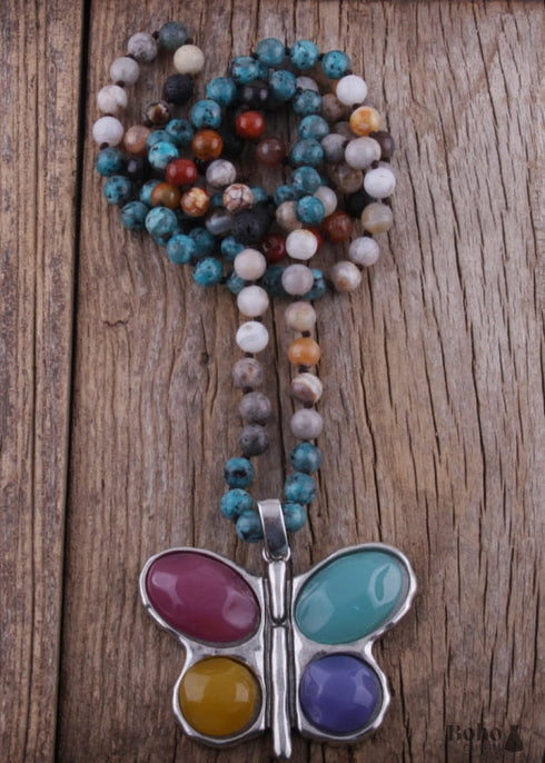 Boho Necklace, RH Crystal Butterfly Blue Natural Stone